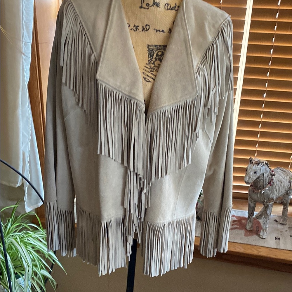 PIONEER Tan Leather Jacket with Fringe and Western Style
